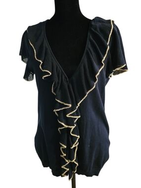 Chaps Navy V-Neck Ruffle-Trim Top with Cream Edge Size Medium